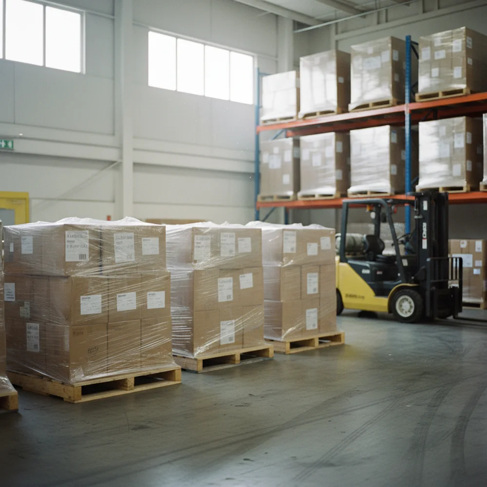 Organized warehouse of palletized moving boxes ready for transfer
