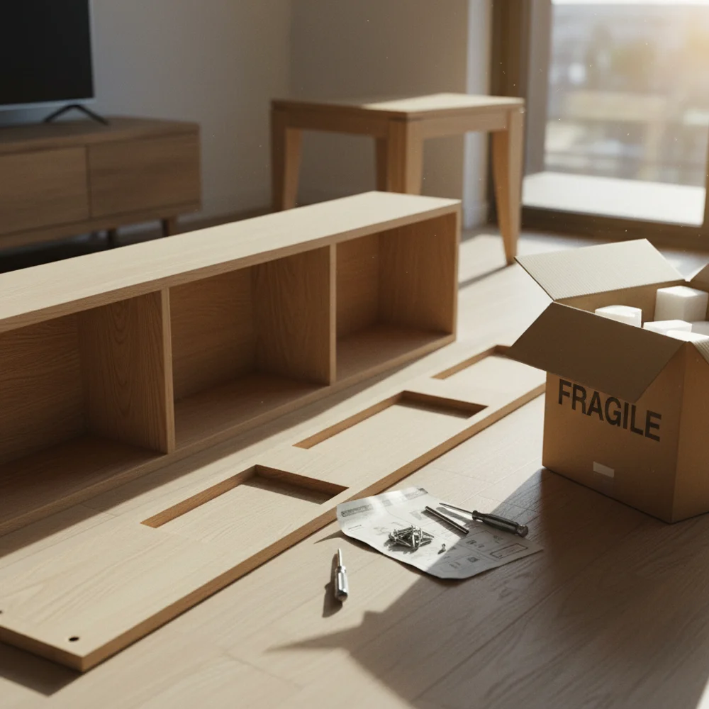 Partially assembled furniture with tools and hardware laid out