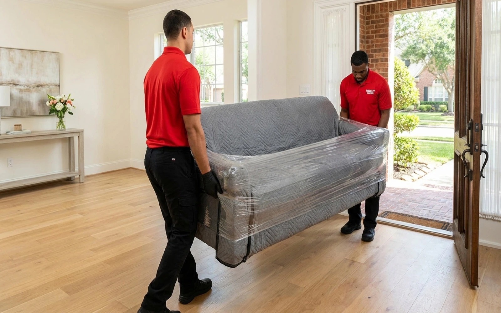 Pack-It Movers crew carrying boxes into a Houston home