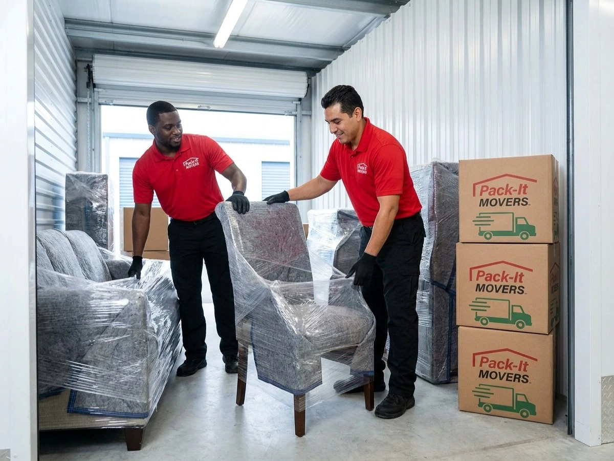 Pack-It Movers crew organizing wrapped furniture and boxes inside a clean Houston storage unit