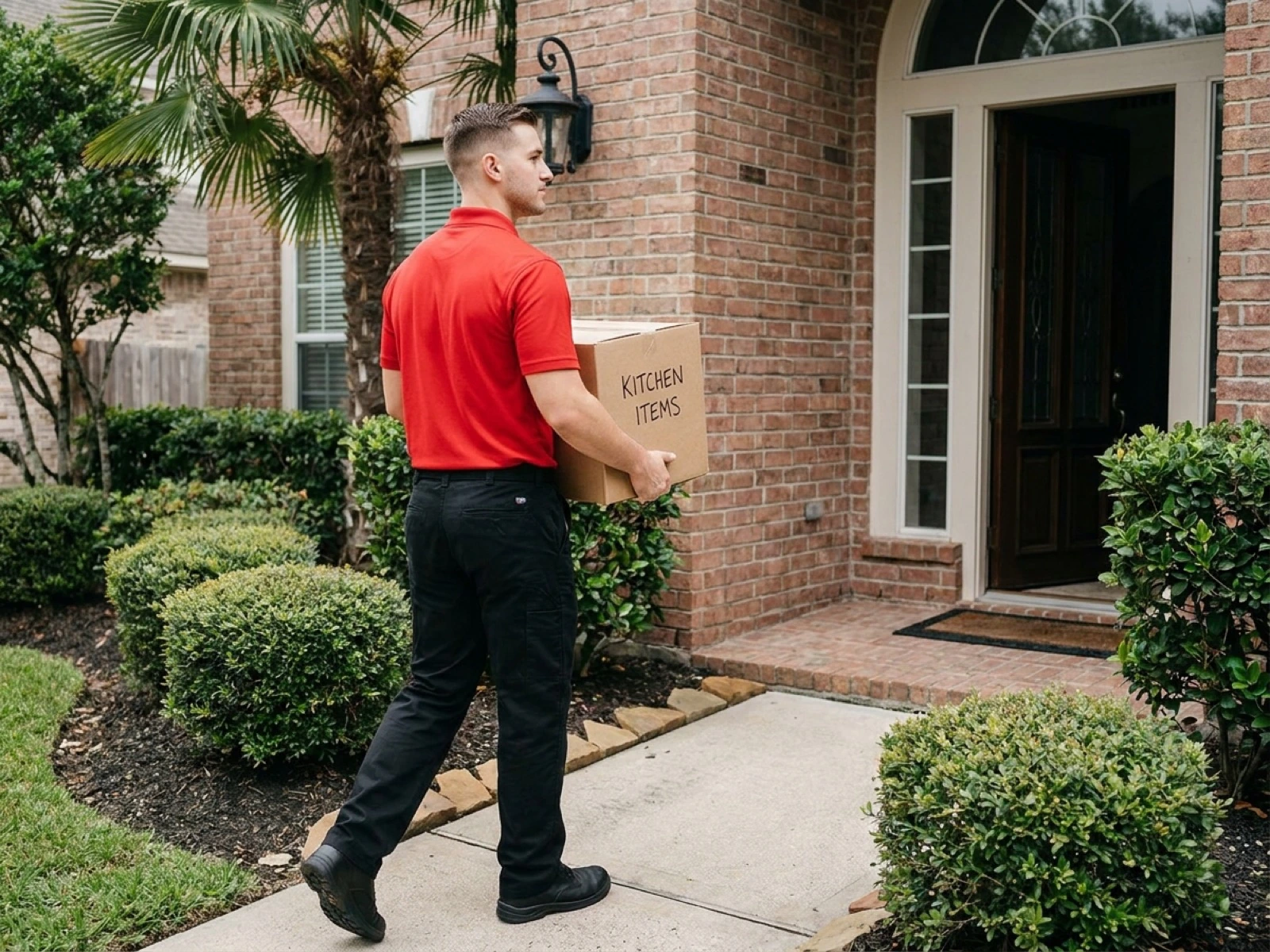Pack-It Movers crew arriving at a Houston home with a labeled moving box and a clipboard