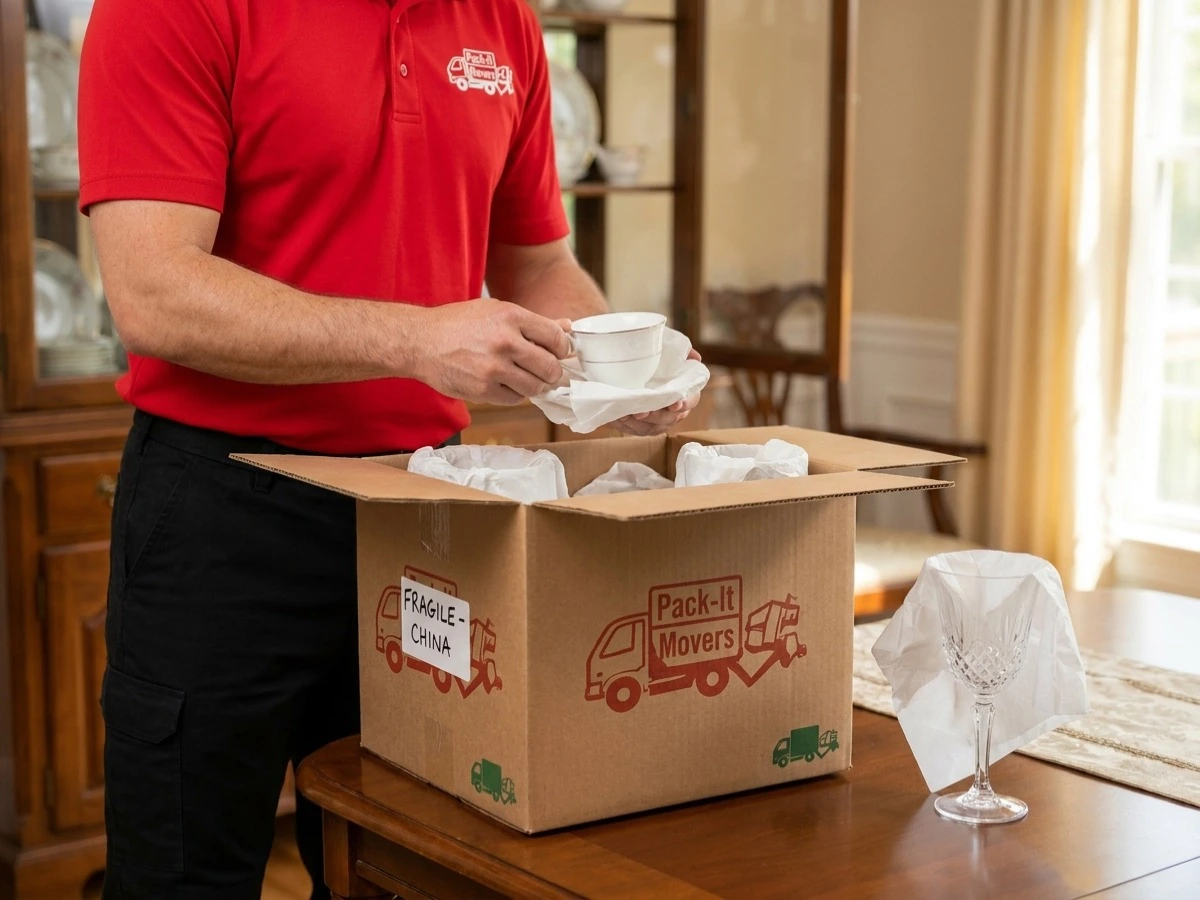 Pack-It Movers crew carefully packing fine china for a senior's move