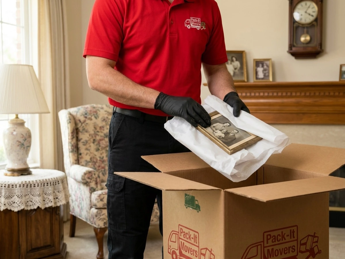 Pack-It Movers crew carefully wrapping a cherished family photo for a senior client