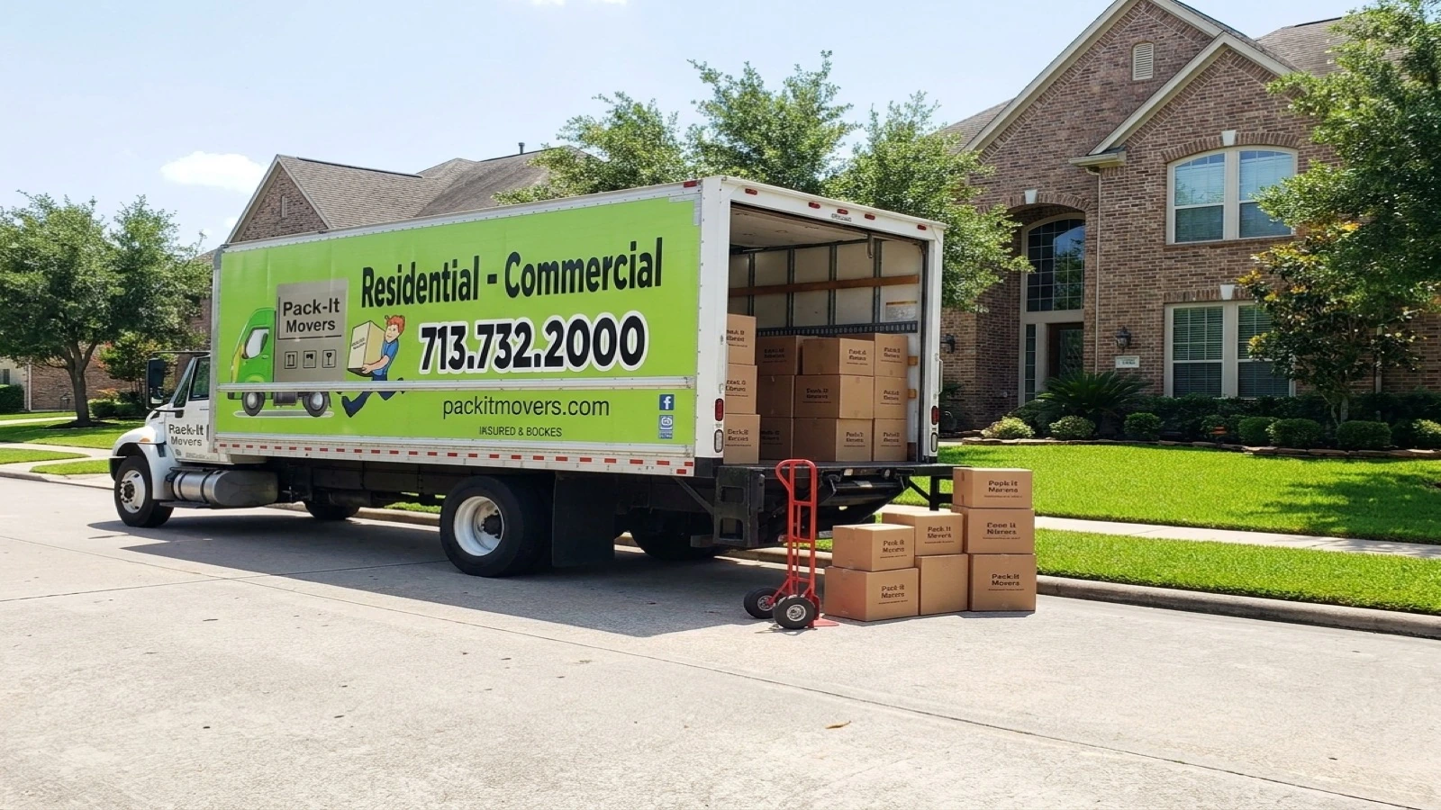 Pack-It Movers crew unloading a branded truck at a Houston home